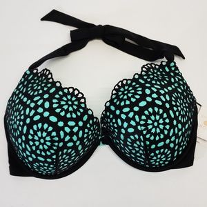 Shade & Shore Push Up Halter Black Teal Bikini Top
